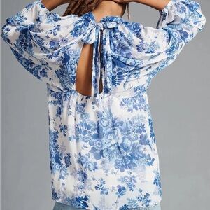 NWT MAEVE by Anthropologie Floral Bow Neck Sheer Blouse in Blue White Sz SP